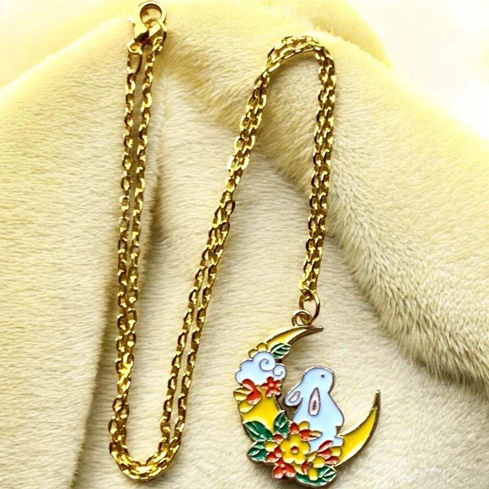 Rabbit Gold Chain with Enamel Moon and Pendant NWT Easter